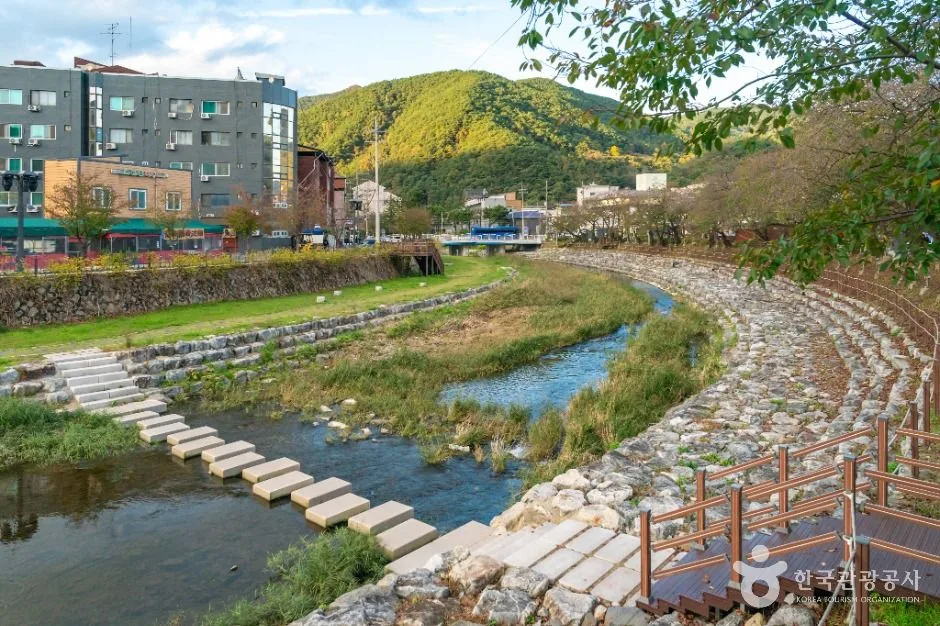 온천 마을 사이로 얕은 개울이 흐르고 돌다리와 나무 데크가 놓인 수안보 물길, 뒤로 산과 건물이 보인다