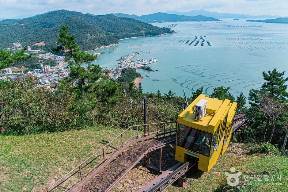 노란 모노레일 차량이 산비탈을 오르고 아래로 땅끝마을 항구와 양식장이 떠 있는 남해 바다가 내려다보이는 모습
