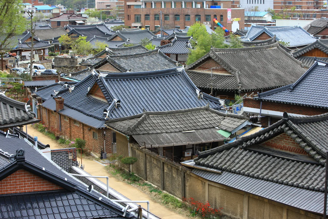 검은 기와지붕이 겹겹이 이어지고 붉은 벽돌 담과 흙길이 그 사이를 지나는 전주 한옥마을을 높은 곳에서 내려다본 모습